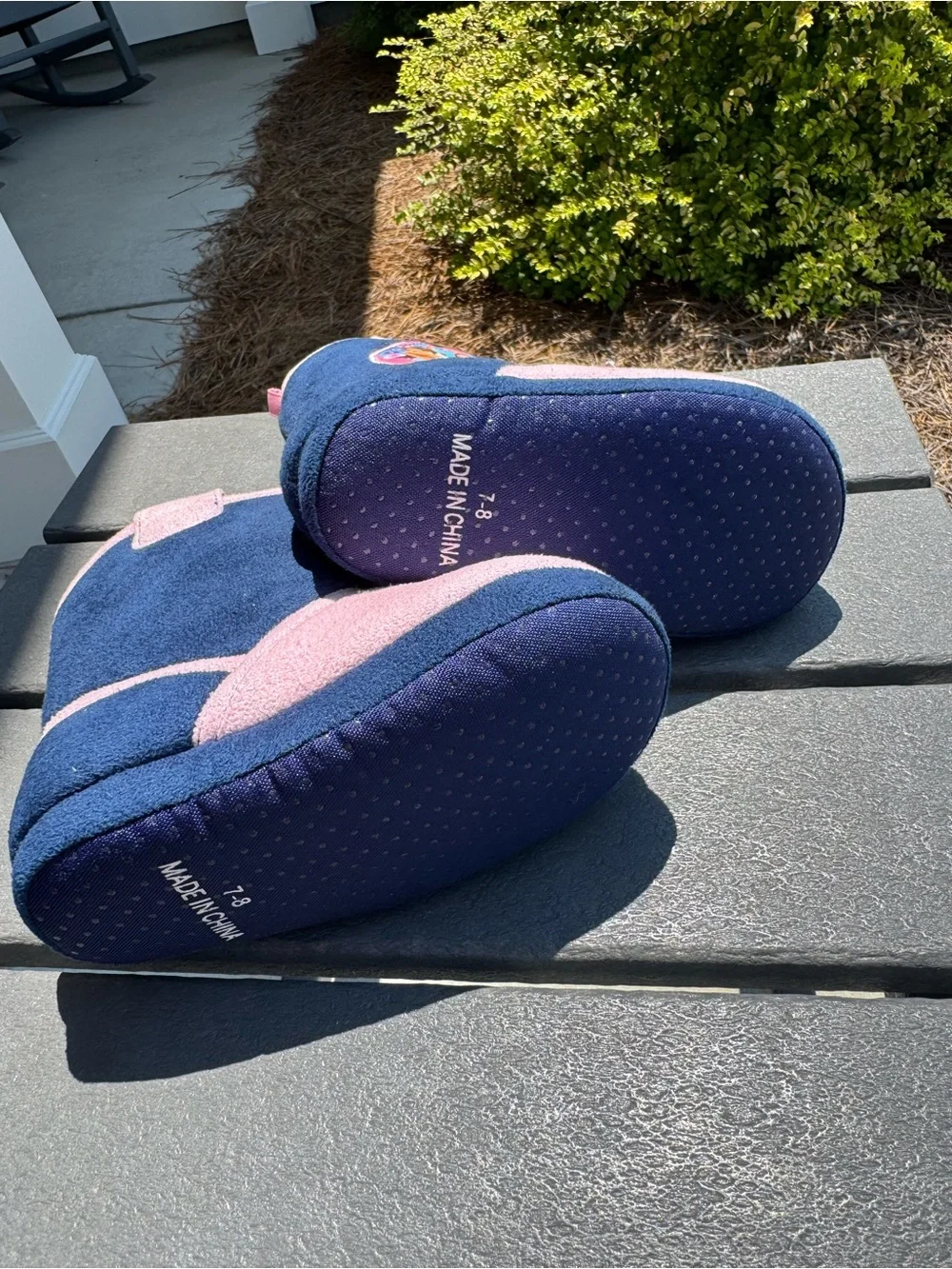 Kids Pink and Navy One-Piece Slipper Boots with Lucky and Spirit Patch